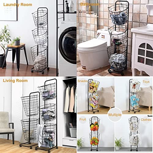 3-Tier Rolling Lockable Laundry Trolley with Metal Storage Shelf