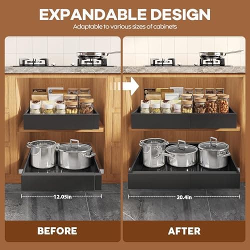 Black Heavy Duty Pull Out Cabinet Organizer, Expandable Slide Out Drawers, Kitchen Pantry Storage