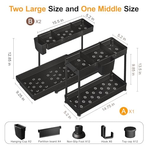 Black 3-Pack Under Sink Organizers with Sliding 2-Tier Bathroom Storage