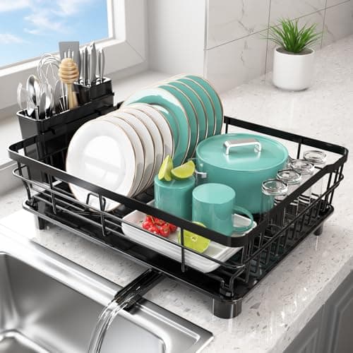 Space Saving Dish Drying Rack for Kitchen Counter - Rustproof with Drainboard and Utensil Holder