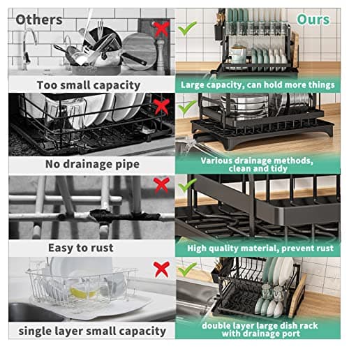 2-Tier Large Stainless Steel Dish Drying Rack with Drainboard for Kitchen Counter, Black