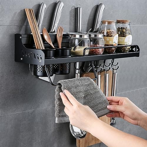 Space-Saving Hanging Spice & Pot Rack with Hooks, Kitchen Utensil Organizer