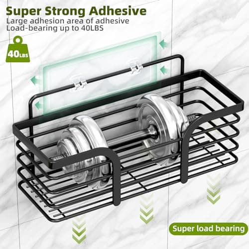 Rustproof Stainless Steel Shower Organizer, Soap Dish & 4 Hooks, Adhesive Mount No Drill Shelf Basket Accessories