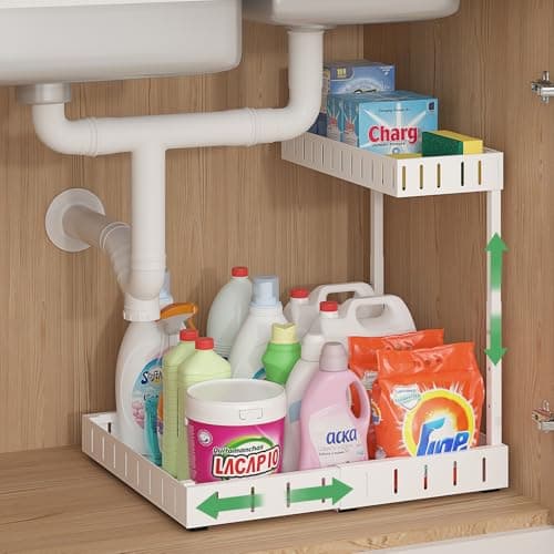 REALINN 2 Tier Expandable Under Sink Organizer, Adjustable & Black, 2 Pack