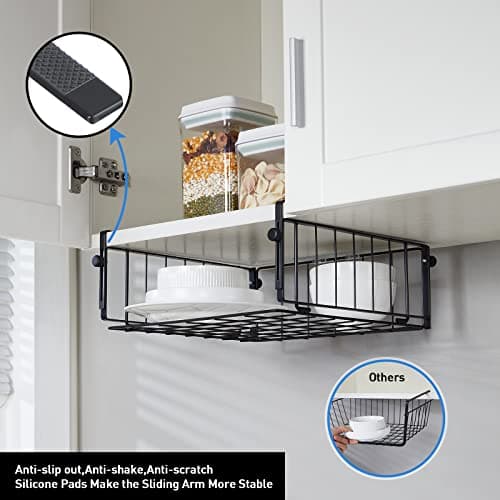 2-Pack Adjustable Under Shelf Storage Baskets for Kitchen, Laundry, and Office Organization - Black