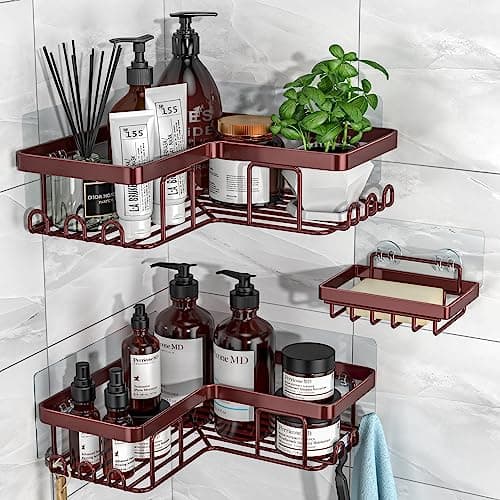 YASONIC Rustproof 3-Pack Adhesive Shower Caddy, 12 Hooks, Soap Holder, Brushed Silver