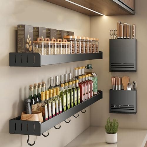 Black Wall Mount Spice Rack, Kitchen Spice Organizer 50cm Multi-Purpose