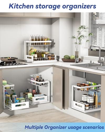 2 Pack Metal Under Sink Organizers with Sliding Drawer, White, Kitchen & Bathroom Storage