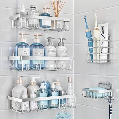 5 Pack Rustproof Stainless Steel Shower Caddy Organizer, Silver