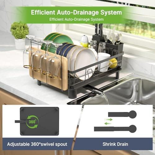 Stainless Steel Dish Drying Rack, Space-Saving with Utensil Holder, Black