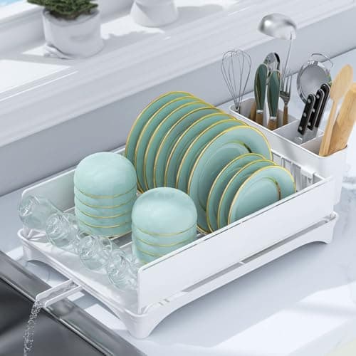 Black Kitchen Counter Dish Drying Rack with Drain & Cutlery Holder