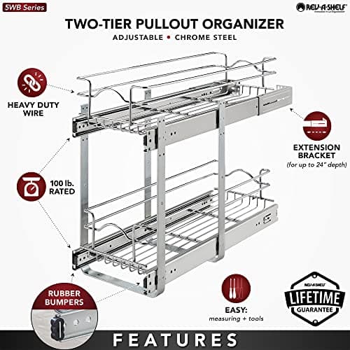 Rev-A-Shelf 2-Tier Kitchen Cabinet Organizer, 9x22 In, 5WB2-0922CR-1