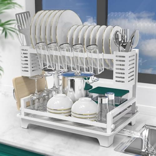 B-Land 2-Tier Kitchen Dish Drying Rack with Drainboard and Utensil Holders