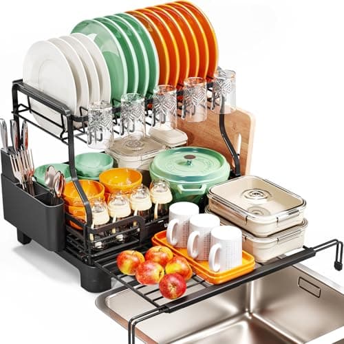 Expandable 2-Tier Dish Rack with Drainboard & Cup Holder for Kitchen Counter, Black