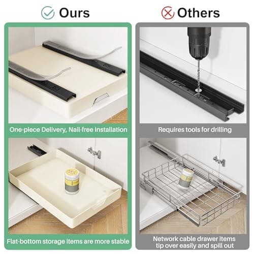 Adhesive Pull Out Cabinet Organizer for Kitchen, Bathroom, Pantry - Cream White - 13.8 W x 21 D - No Drill Slide Out Drawers