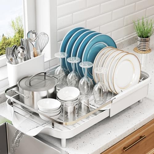 Expandable Stainless Steel Dish Drying Rack with Drainboard & Utensil Holder (Black)