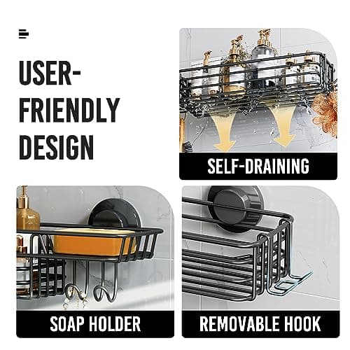Leverloc No-Drilling Rustproof Black Bathroom Shower Caddy & Hooks, 2 Pack