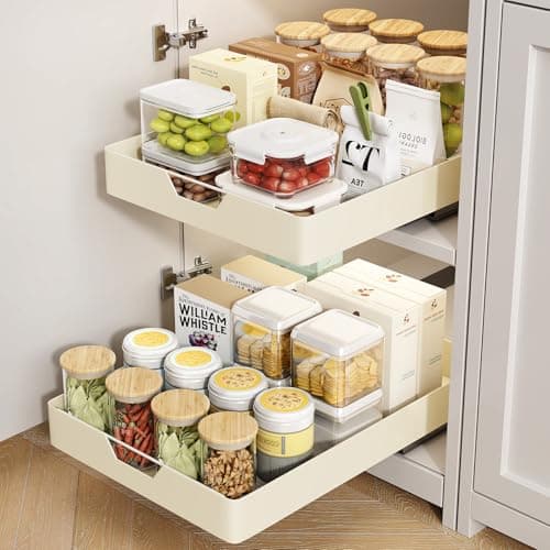 Adhesive Pull Out Cabinet Organizer for Kitchen, Bathroom, Pantry - Cream White - 13.8 W x 21 D - No Drill Slide Out Drawers