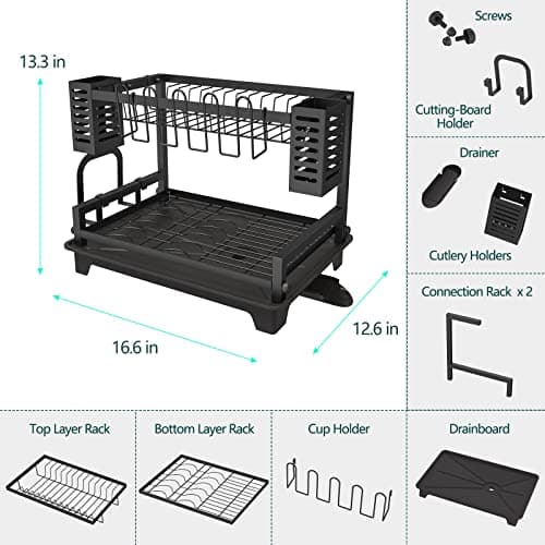 B-Land 2-Tier Kitchen Dish Drying Rack with Drainboard and Utensil Holders