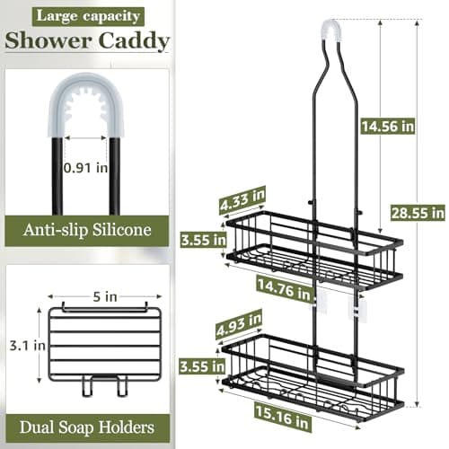Black Rustproof Over Shower Organizer with Hooks & Soap Holders - Adjustable Height