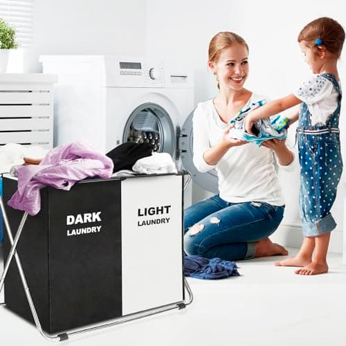 135L Laundry Sorter Basket with Aluminum Frame, 26" x 24" H, Black+White (2-Section)