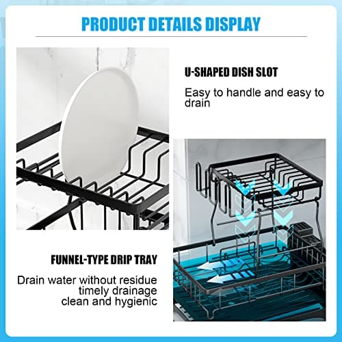 Large Dish Drying Rack for Kitchen Counter with Utensil Holder, 2-Tier Organizer in Black