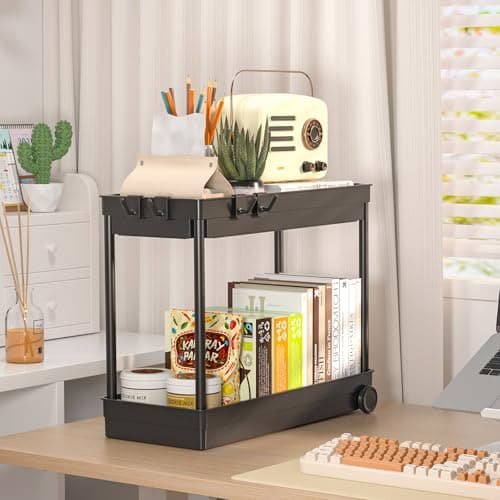 ASOBAGE 2 Tier Sliding Cabinet Organizer with Hooks - Black, Multi-Purpose Sink Storage (2 Pack)