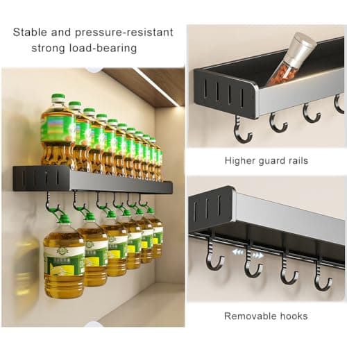 Black Wall Mount Spice Rack, Kitchen Spice Organizer 50cm Multi-Purpose