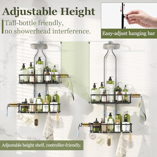 Black Rustproof Over Shower Organizer with Hooks & Soap Holders - Adjustable Height
