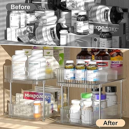 Fowooyeen 2 Pack Clear Under Sink Organizers, 2 Tier Pull Out Cabinets for Kitchen and Bathroom Storage