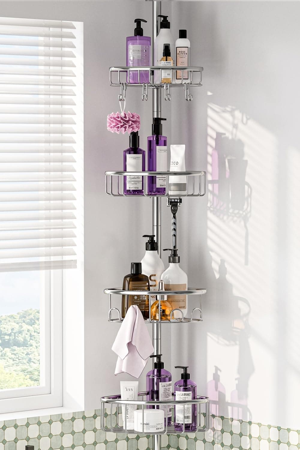Stainless Steel 4-Tier Corner Shower Caddy - 47-121 Inch Adjustable Bath Rack - Silver