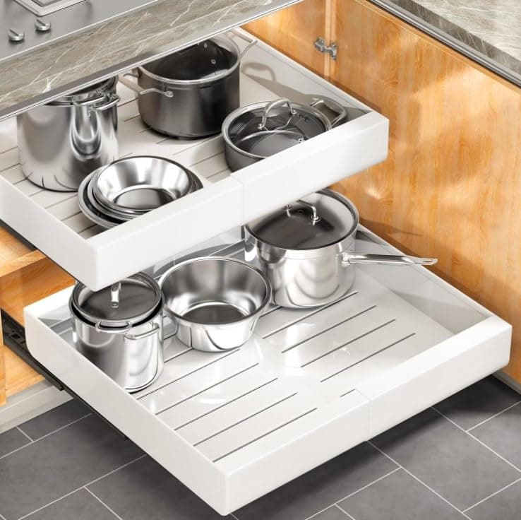 1PC Expandable Pull out Cabinet Organizer + 1PC Fixed Cabinet Organizer with Adhesive Nano Film