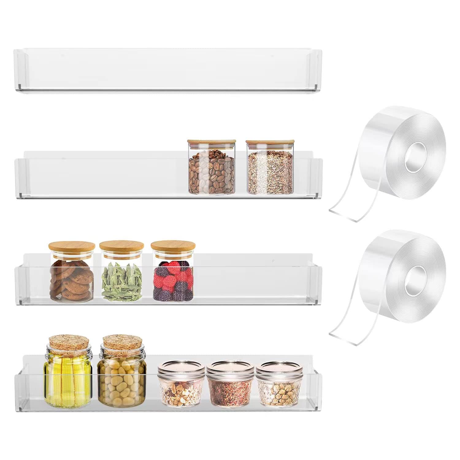 VAEHOLD Clear Wall Spice Rack with Nano Tape for Kitchen Cabinet Door - 4 Pack
