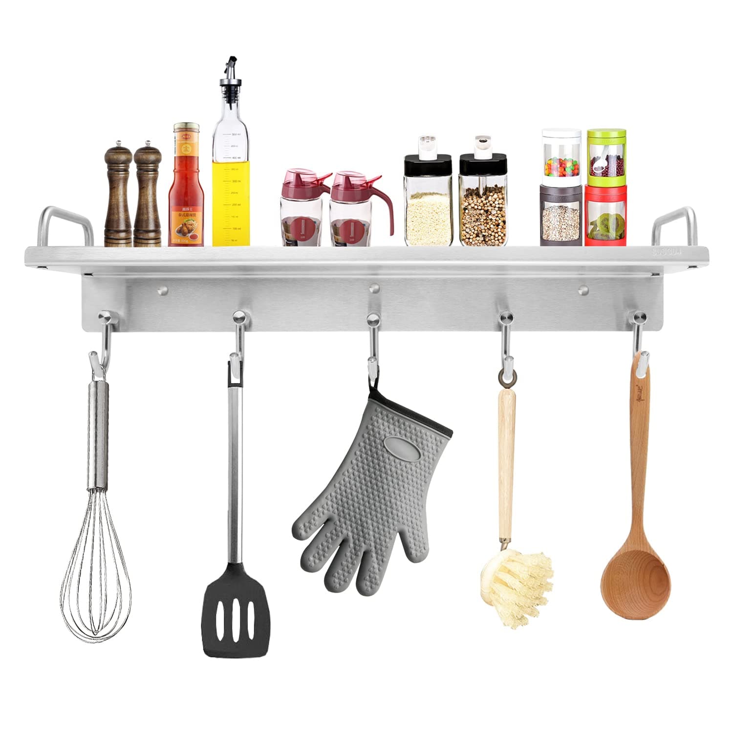 Stainless Steel Hanging Spice Rack with Hooks Over the Stove