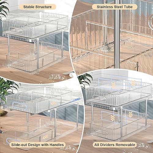 Fowooyeen 2 Pack Clear Under Sink Organizers, 2 Tier Pull Out Cabinets for Kitchen and Bathroom Storage
