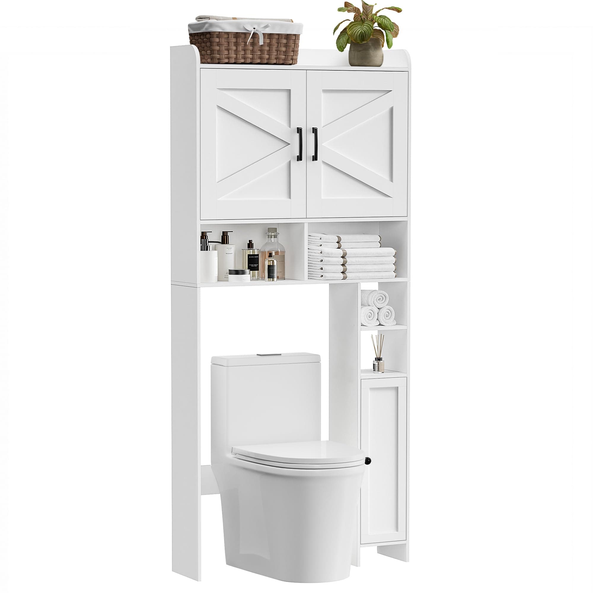 Toilet Storage Cabinet with Barn Doors and Toilet Paper Holder Stand, FreeStanding Shelf Space Saver for Bathroom, White