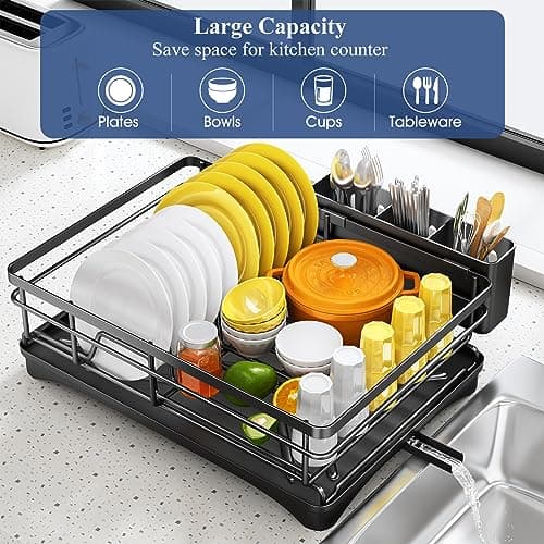 Large Rustproof Dish Drying Rack with Drainboard and Utensil Holder for Kitchen Counter - Black
