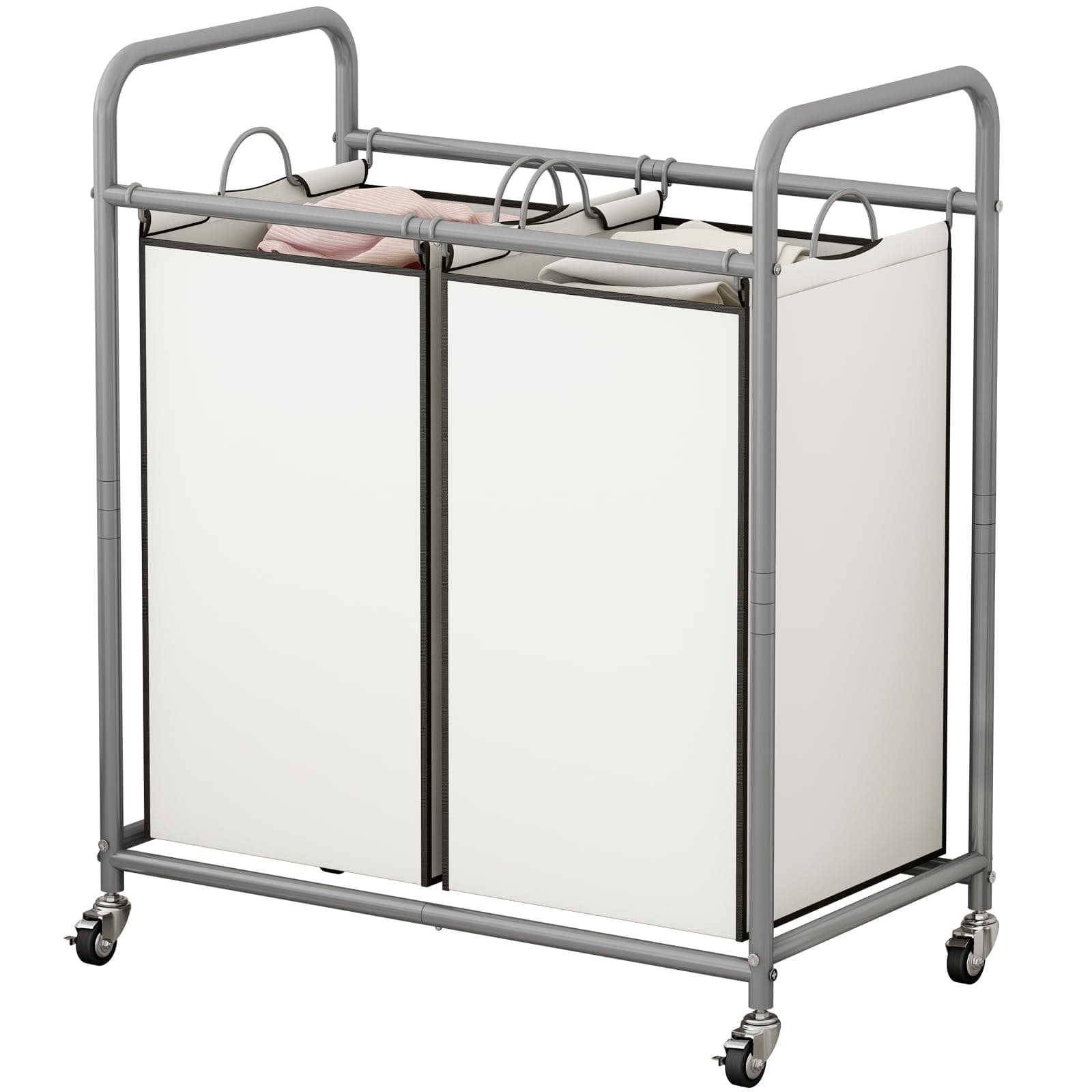 2-Bag Laundry Sorter Cart with Rolling Bags for Clothes Storage in Beige