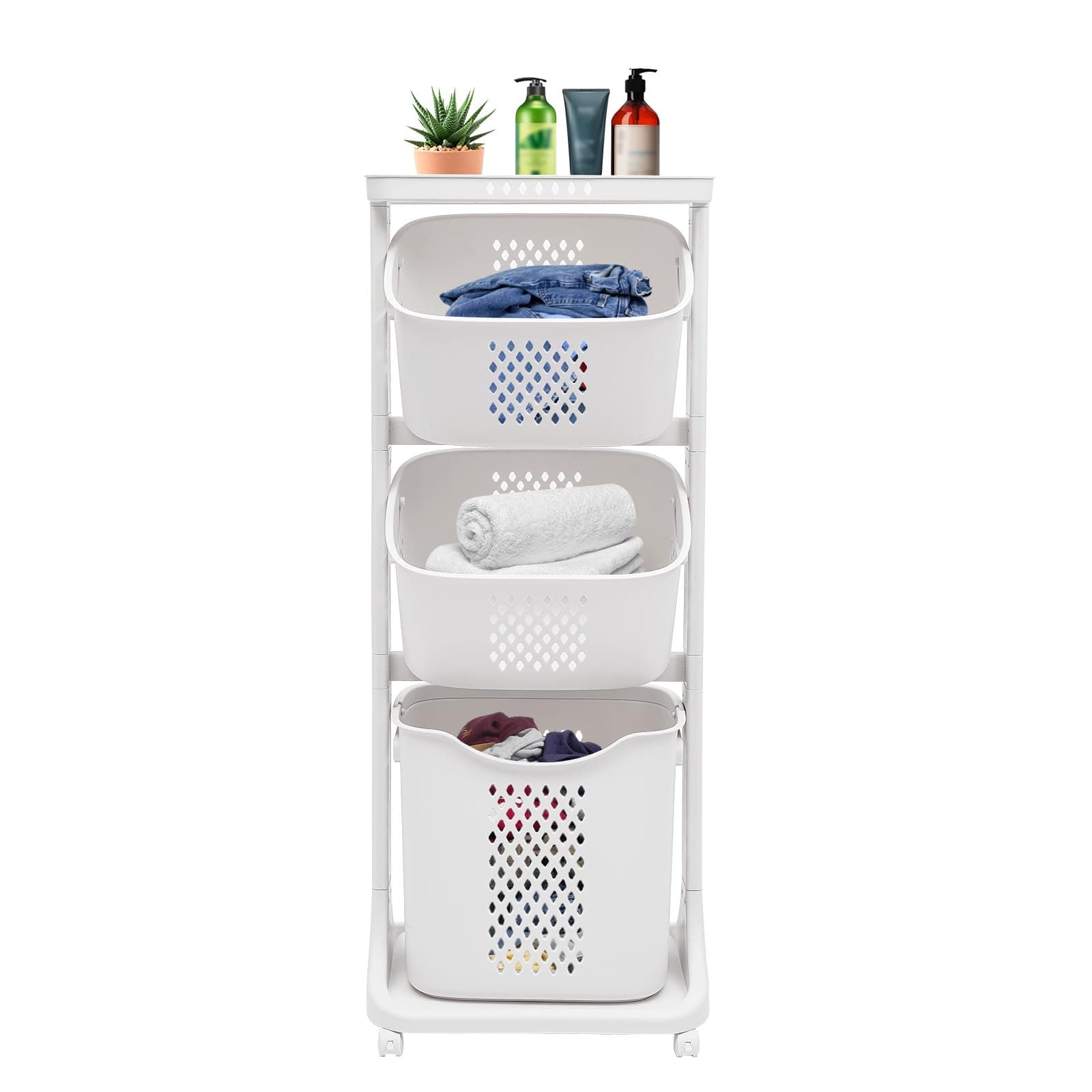 3-Tier White/Natural Water Hyacinth Laundry Basket - Storage Organizer with Wheels