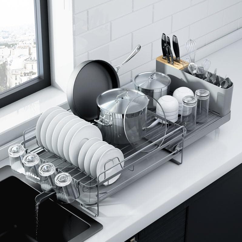 Kitsure Extendable Large Dish Drying Rack with Cutlery and Cup Holders - Anti-Rust Kitchen Organizer