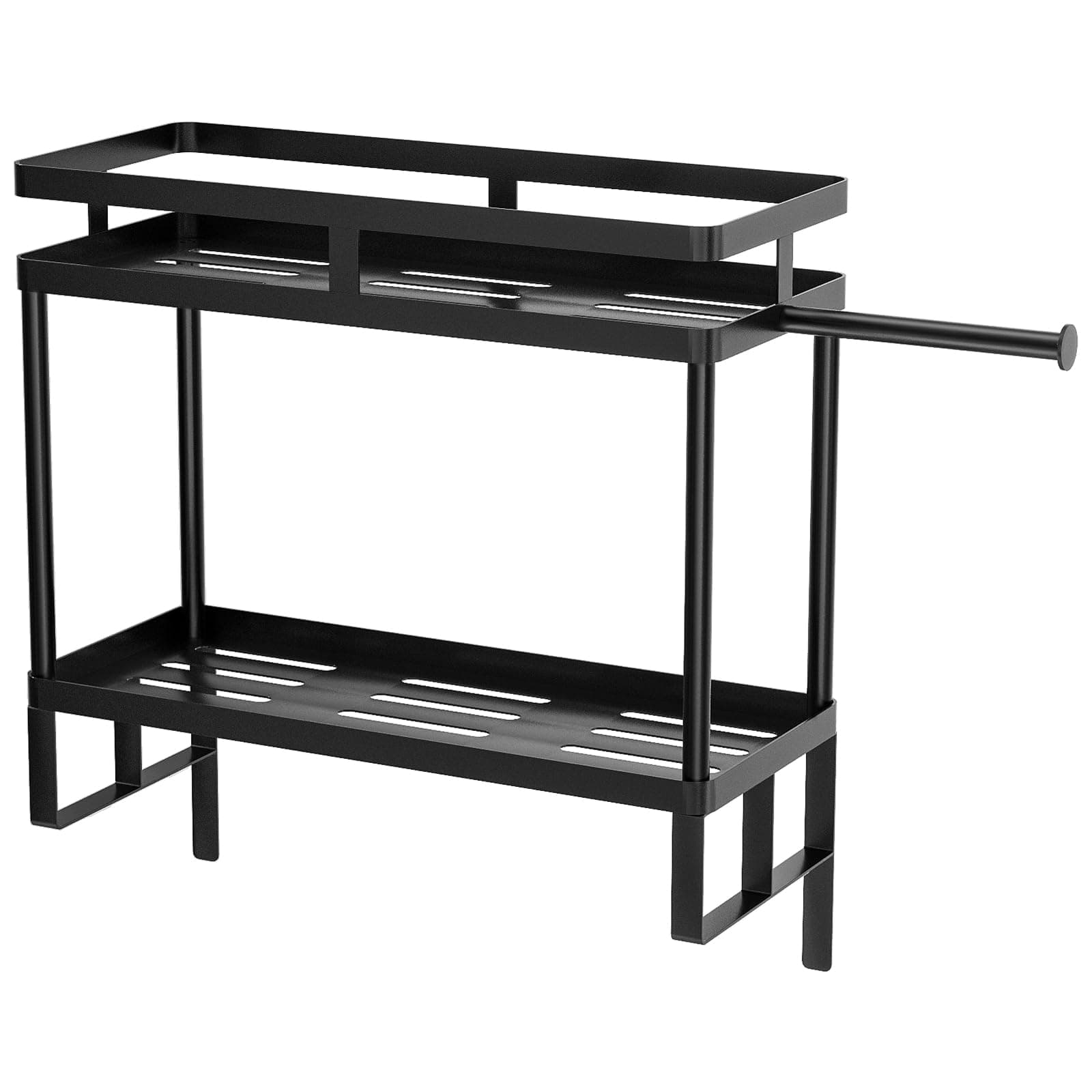 Bathroom Shelf with Toilet Paper Holder and Hooks, 2 Tier Metal Organizer Rack - Black