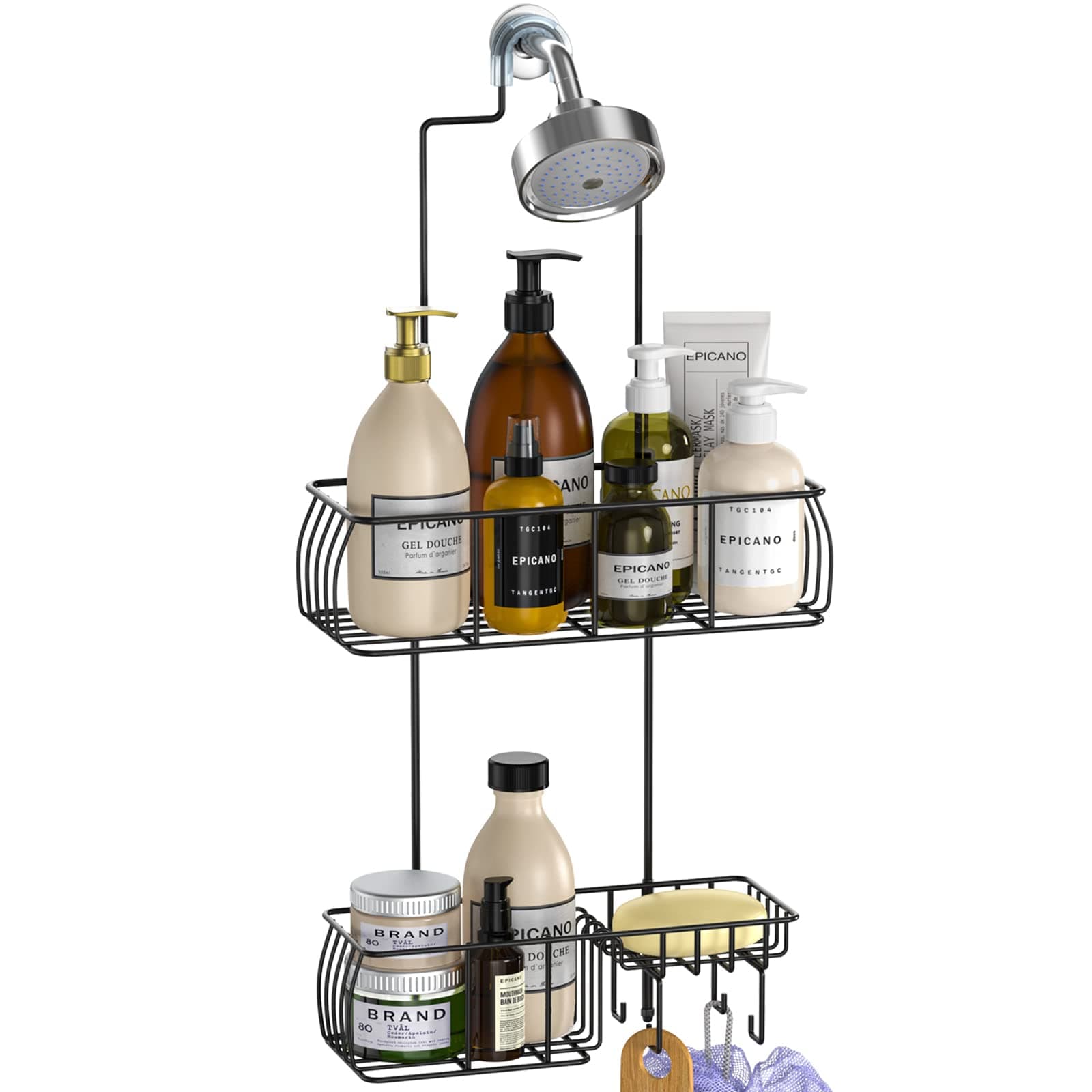 Epicano Anti-Swing Overhead Shower Caddy, Rustproof Hooks, Matte Black