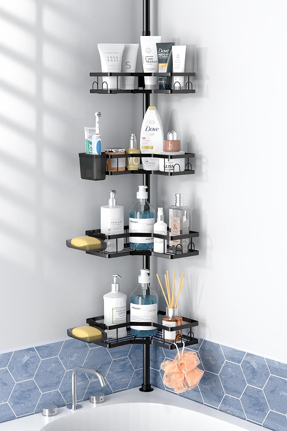 Corner Shower Tension Pole: 4-Tier Rustproof Bathroom Organizer - Bathtub Shampoo Rack (43.5-120 inch)