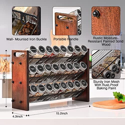 Rustic 3 Tier Wooden Spice Rack, Cabinet Countertop Wall Mount
