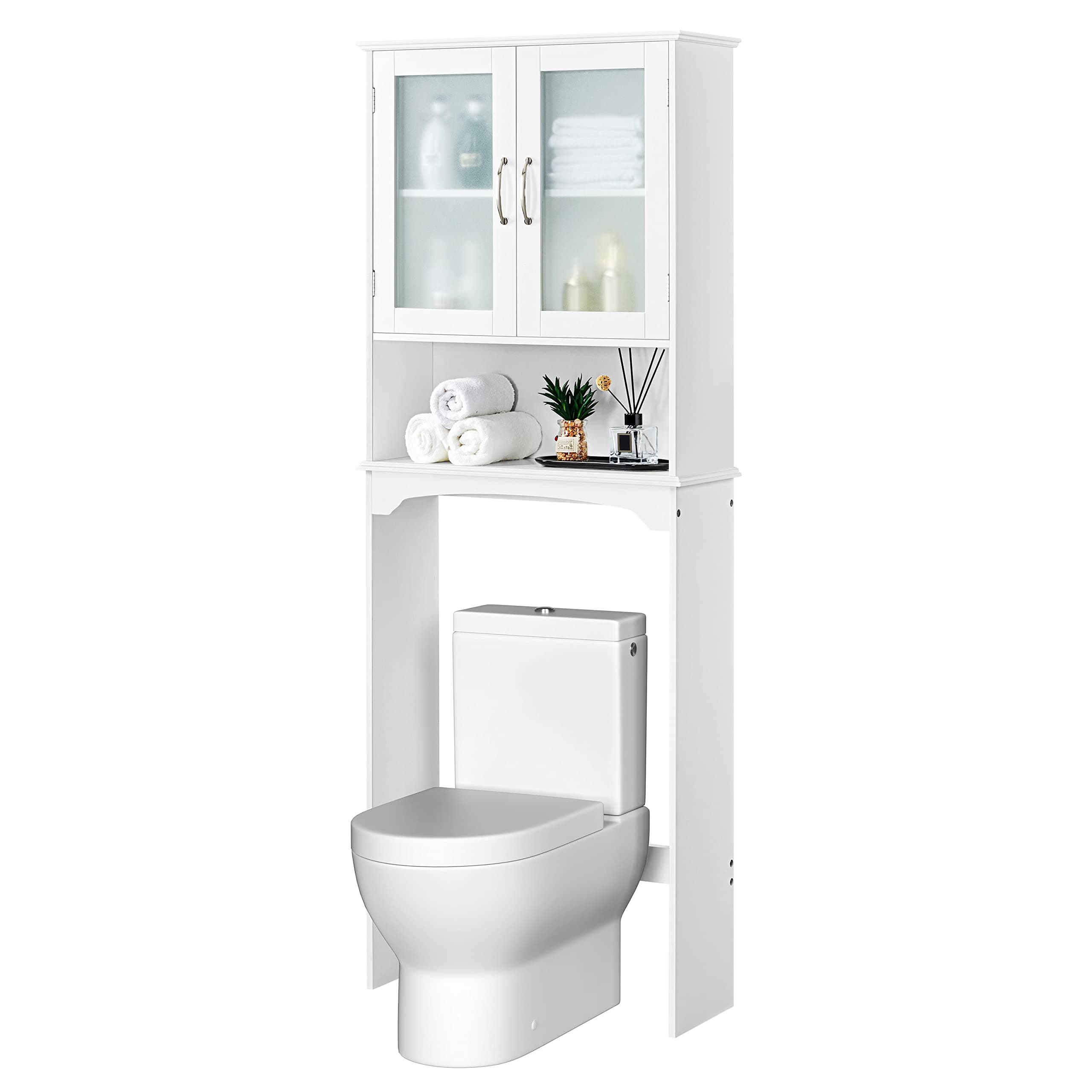 Yaheetech Tall Freestanding Toilet Storage Cabinet with Double Tempered Glass Doors