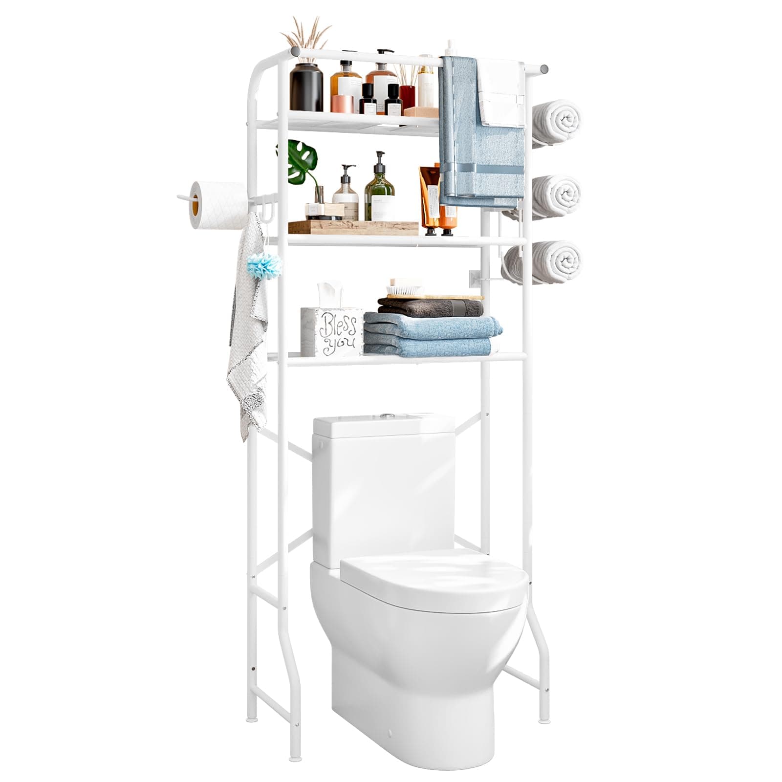 White Metal 3 Tier Bathroom Organizer Shelf with Paper Holder Easy to Install Space Saving
