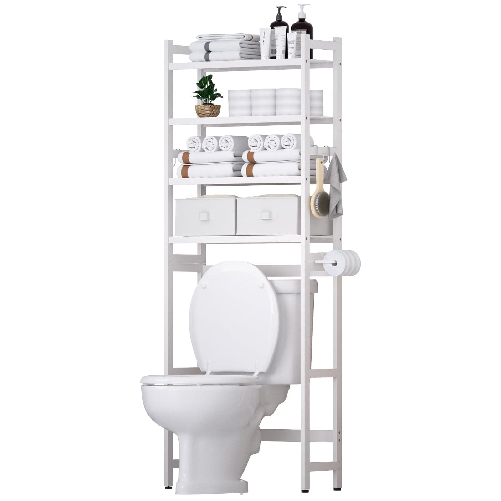 Bamboo Over-the-Toilet Organizer with Baskets & Hooks (White)