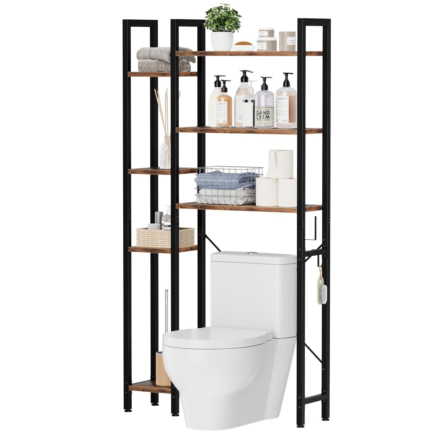 OTK 7-Tier Over The Toilet Storage Organizer - Freestanding Rack with Hooks & Adjustable Feet for Bathroom & Laundry