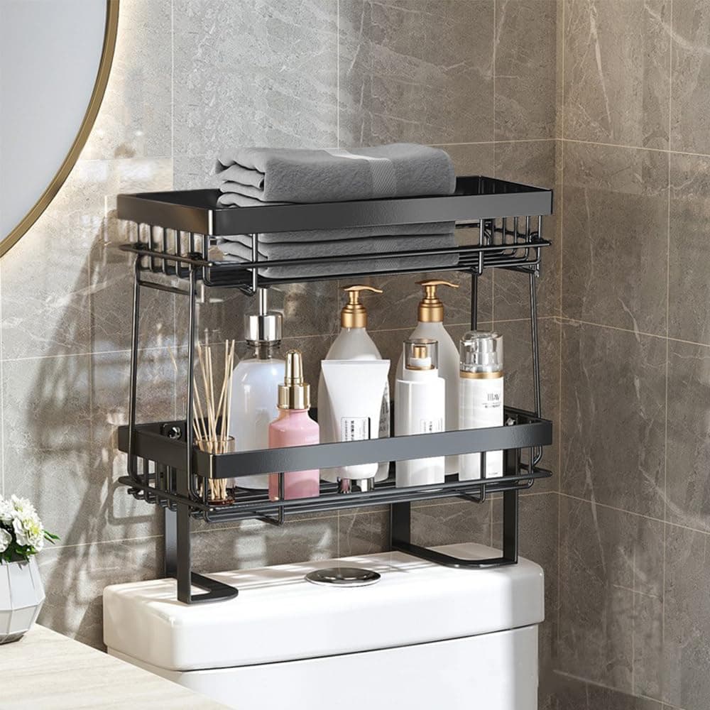 Toilet Storage Organizer Shelf, 2 Tier Stackable Bathroom Organizer & Storage Rack, Screwless Design, Punch-Free - Black