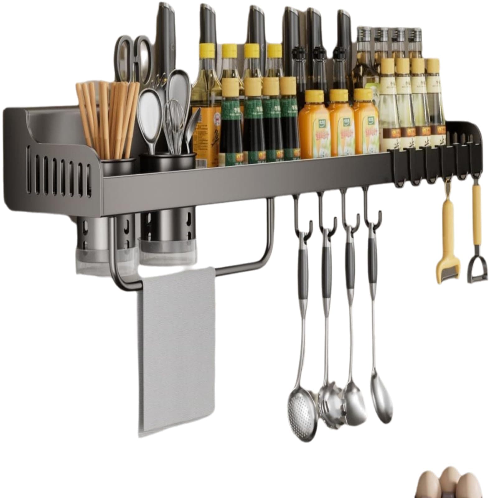 HGH365 Black Stainless Steel Wall Mount Spice Rack with Hooks, 23.7in Seasoning Jar Organizer